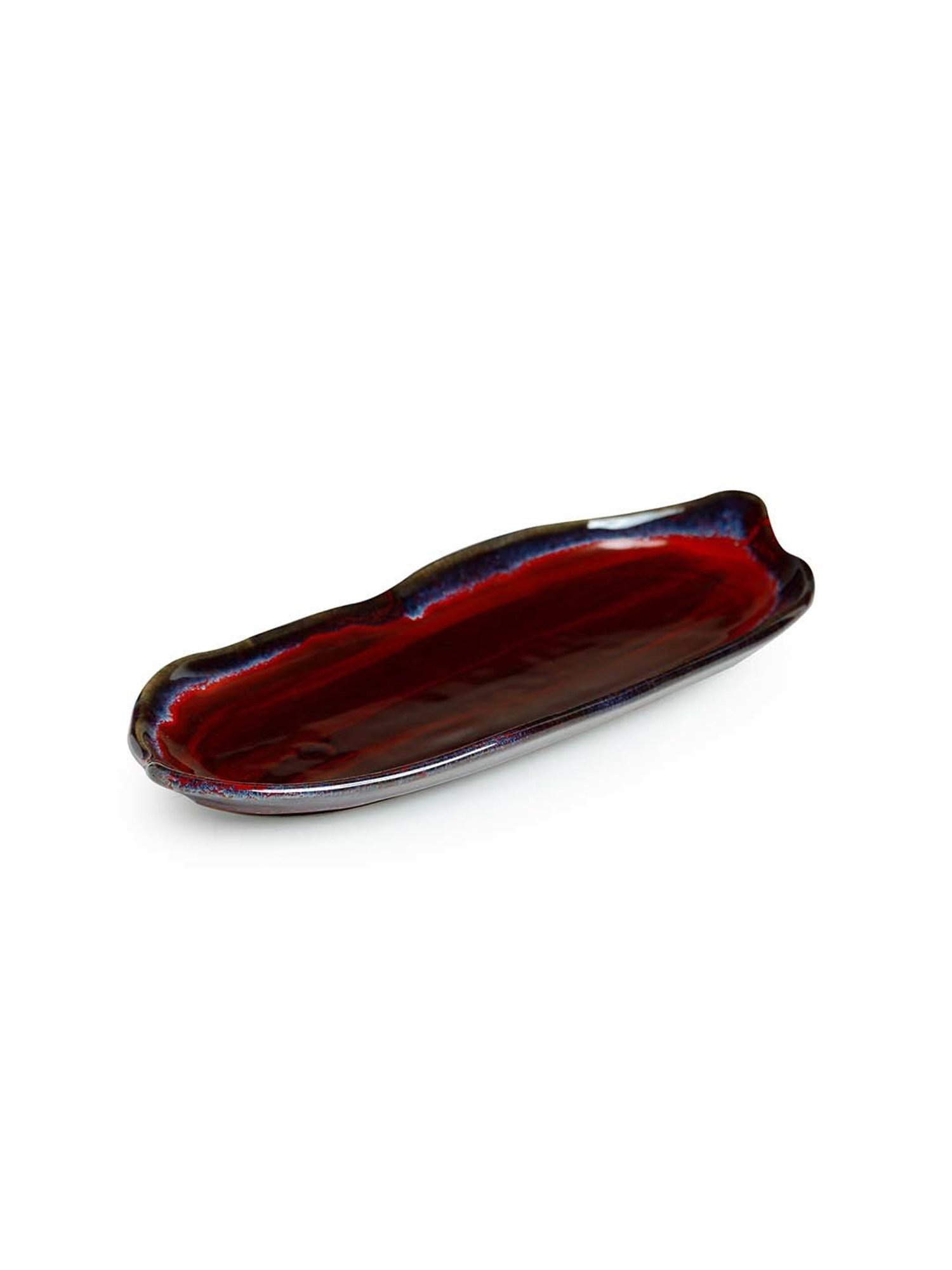 ExclusiveLane 'Crimson Canoe' Hand Glazed Studio Pottery Ceramic Serving Platter