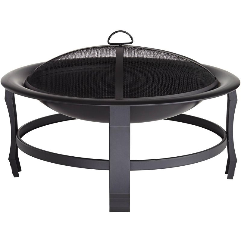 John Timberland Black Outdoor Fire Pit Round 30" Steel Wood Burning with Spark Screen and Fire Poker for Outside Backyard Patio Camping