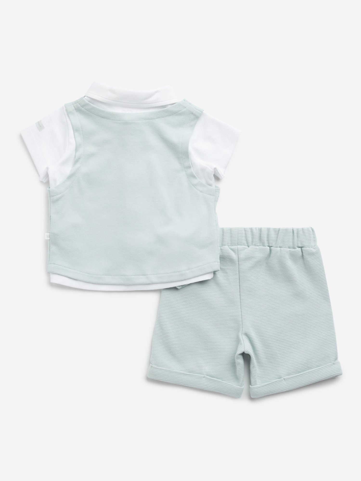 HOP Baby by Westside Teal Printed Cotton Waistcoat, Shirt, Shorts & Bow