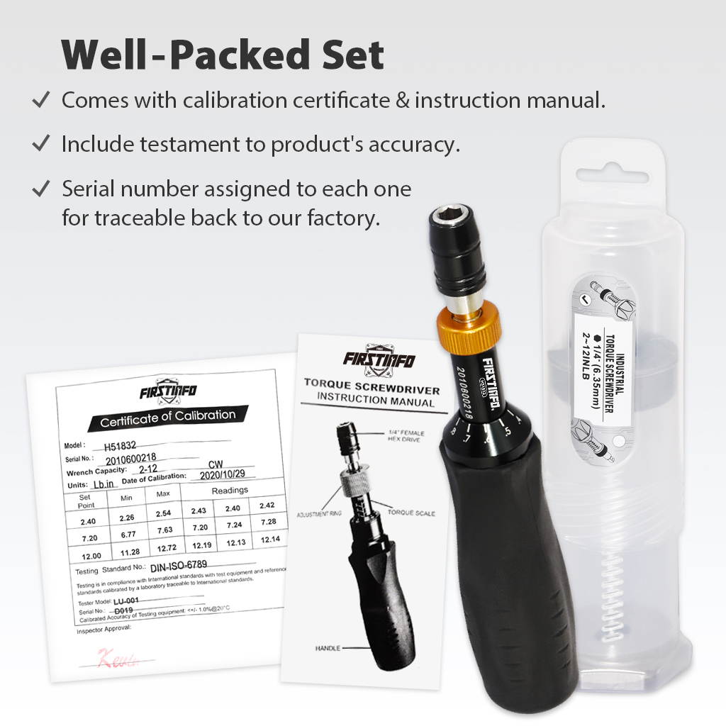 FIRSTINFO Precision Certified Torque Limiting Screwdriver, 1/4 Inch Universal Hex Bit Holder Quick Release Design, 2-12 in-lbs