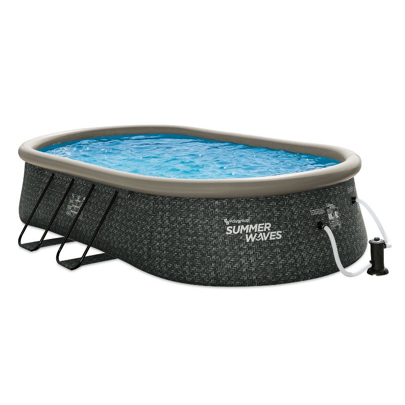 Summer Waves P11810421 18 x 10 Foot Oval Quick Set Inflatable Ring Above Ground Swimming Pool with Ladder and Filter Pump, Dark Gray Herringbone Print