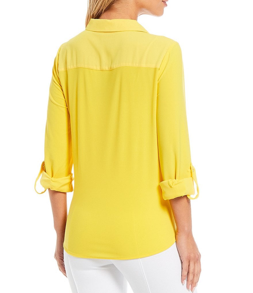 Slim Factor by Investments Hannah Point Collar Neck Roll-Tab 3/4 Sleeve Button Down Tie-Front Top