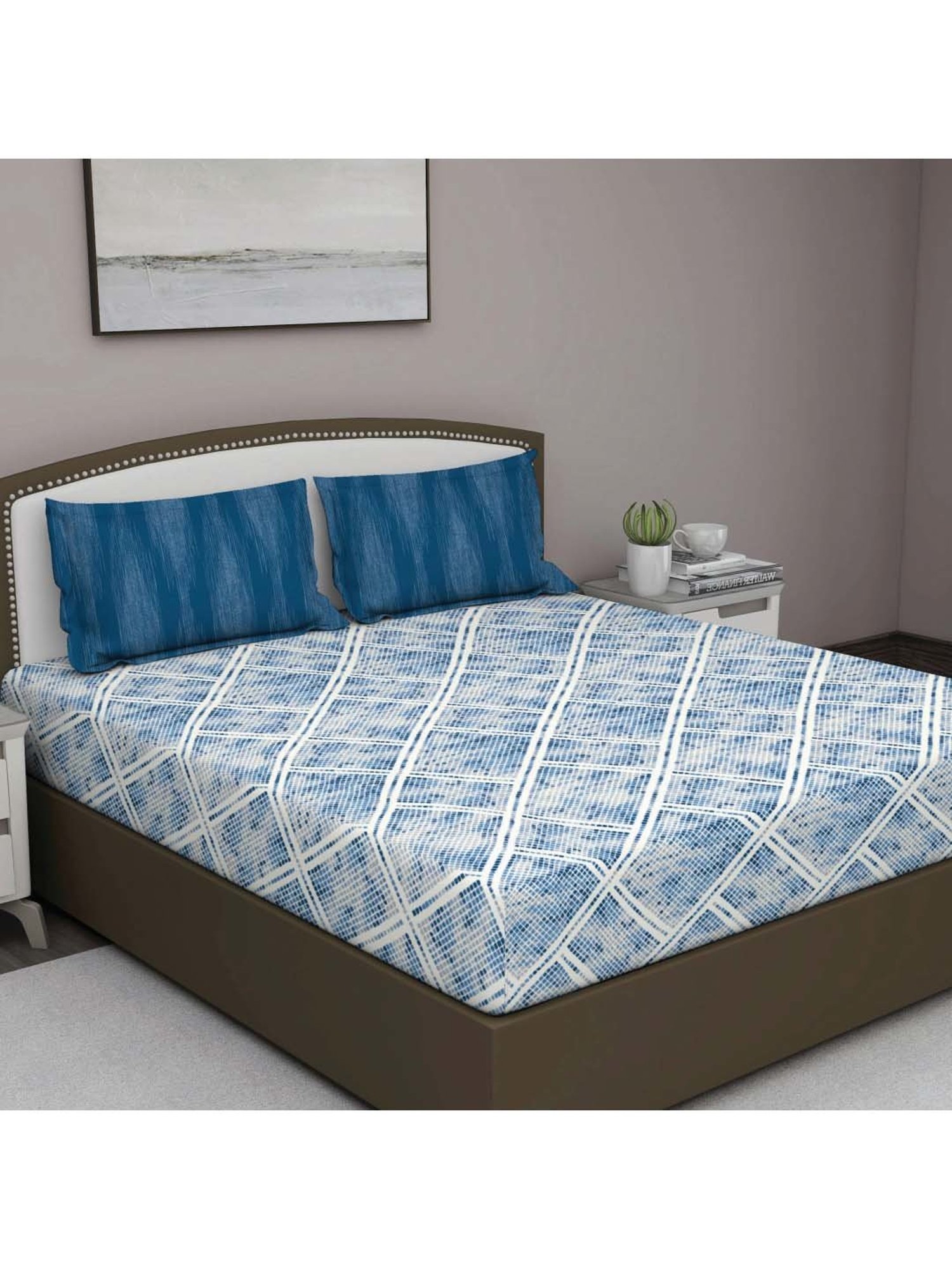 GM 'Serene' Navy & White Cotton 210 TC Double Bedsheet with 2 Pillow Covers