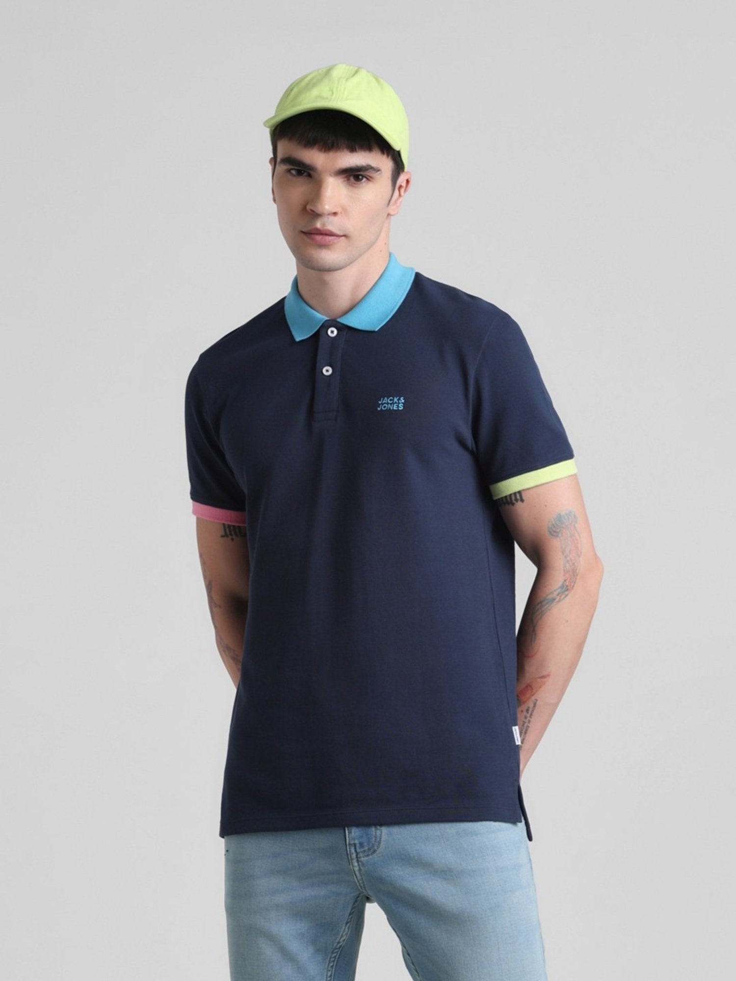 Jack & Jones Blue Indigo Cotton Regular Fit Polo T-Shirt