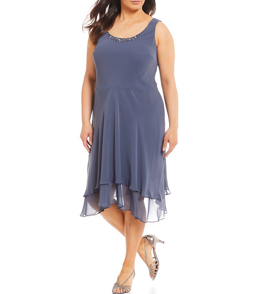 Ignite Evenings Plus Size Scoop Neck Long Sleeve Sequined Shoulder Midi Length Tiered Hem Jacket Dress