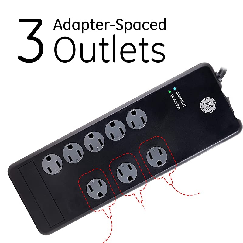 Pro 7-Outlet Sur Protector, 4 Ft Power Cord, 2100 Joules, 3 Adapter Spaced Outlets, Flat Plug, Twist to Close Safety Covers, Power Filter, Circuit Breaker, Warranty, UL Listed, Black, 37451
