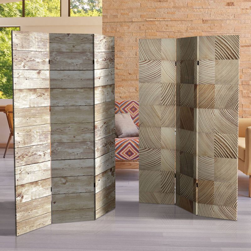 6" Double Sided Pale Wood Pattern Canvas Room Divider Brown - Oriental Furniture