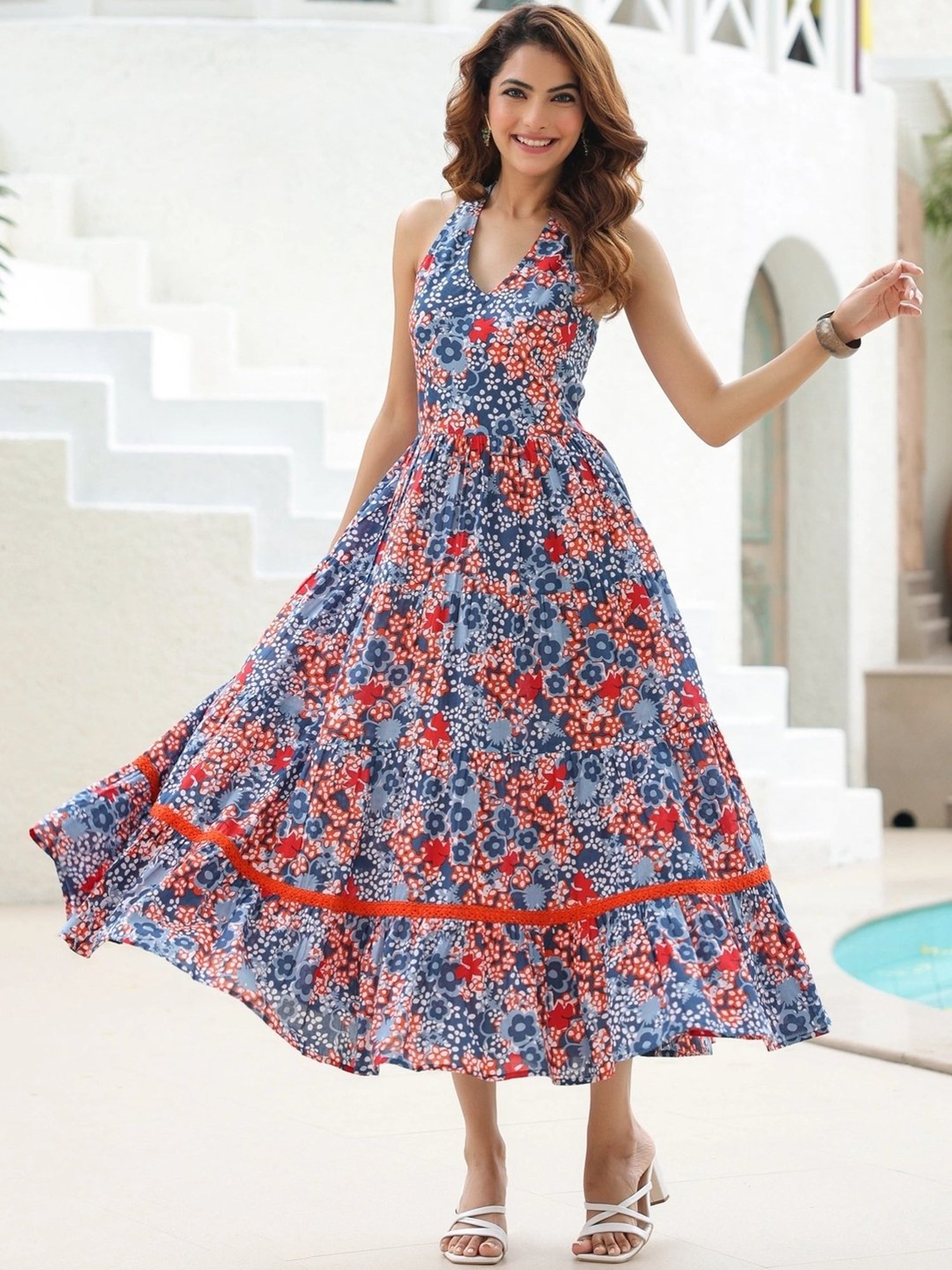 Rain and Rainbow Blue & Red Cotton Floral Print A-Line Dress