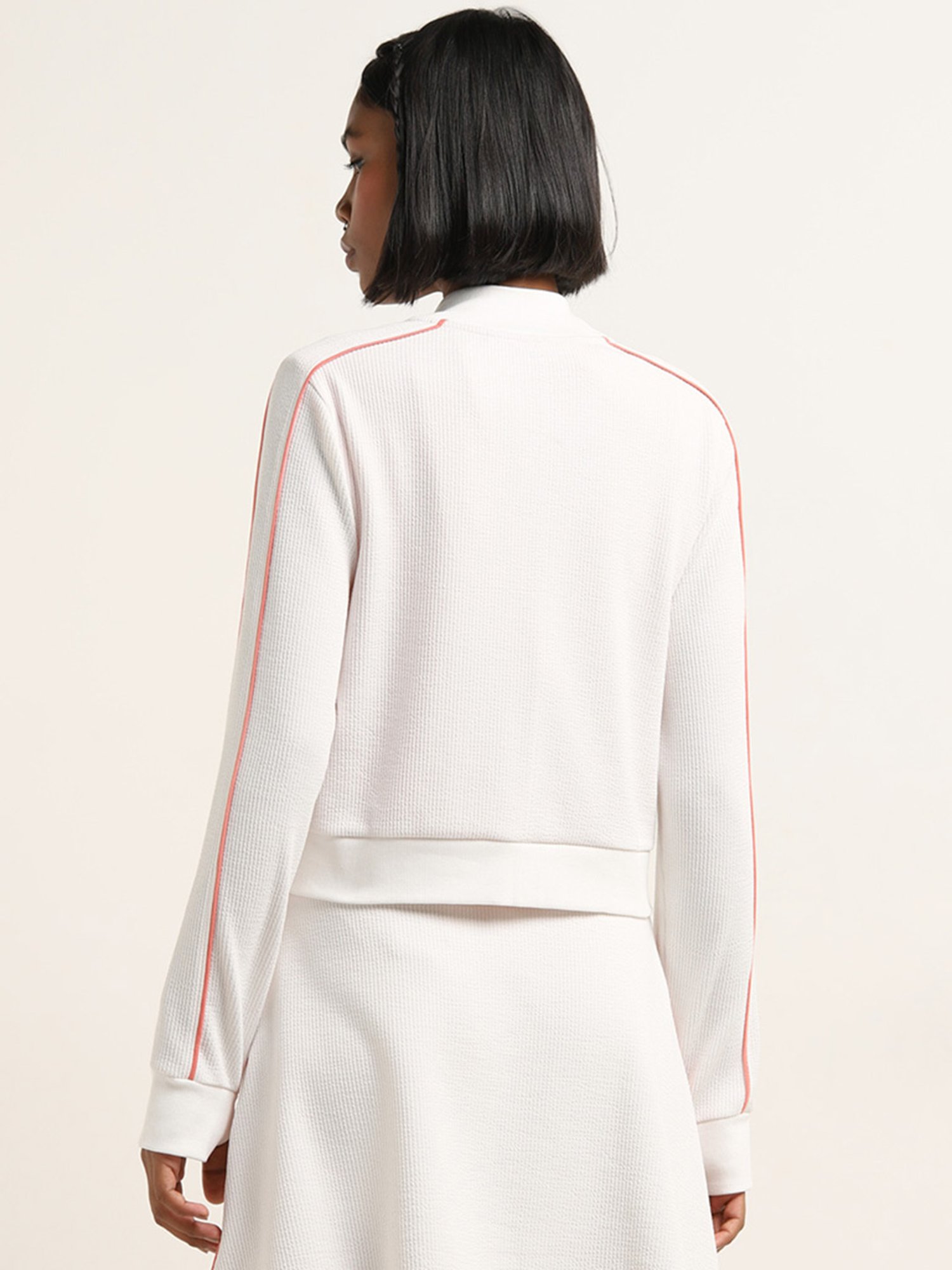 Studiofit by Westside White Contrast-Detailed Ribbed Jacket