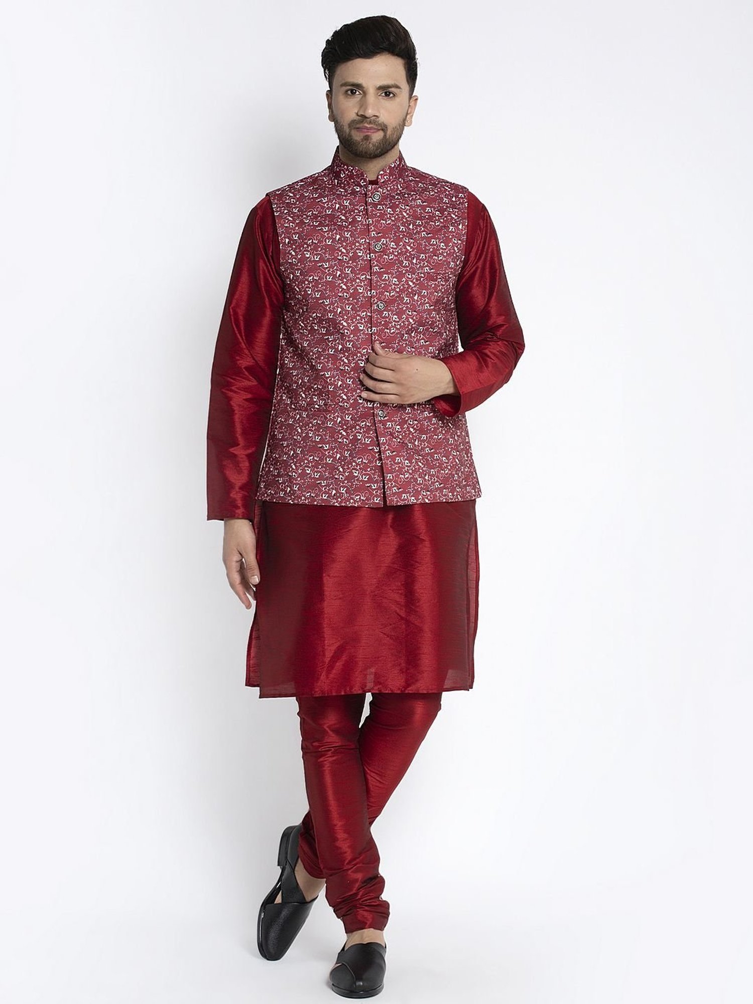 Benstoke Maroon Regular Fit Floral Print Kurta Set With Jacket