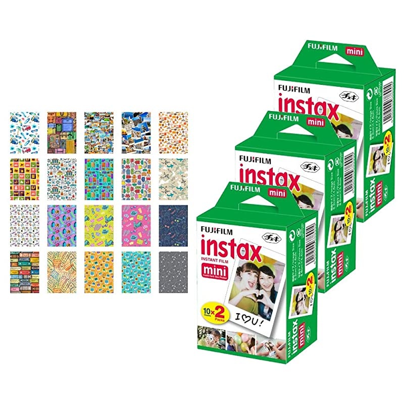 Fujifilm instax Mini Instant Film 60 Exposures + 20 Sticker Frames for Fuji Instax Prints Travel Package