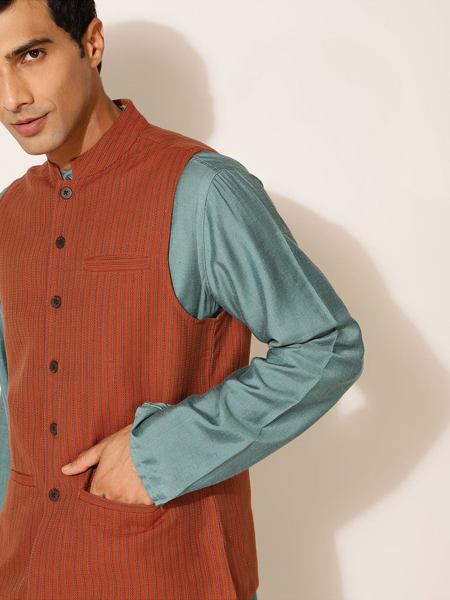 Fabindia Orange Cotton Regular Fit Striped Nehru Jacket