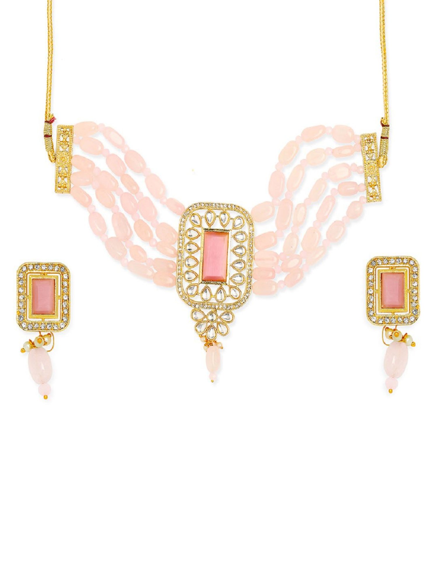 OOMPH Pink Opal Beads Ethnic Choker Set with Earrings