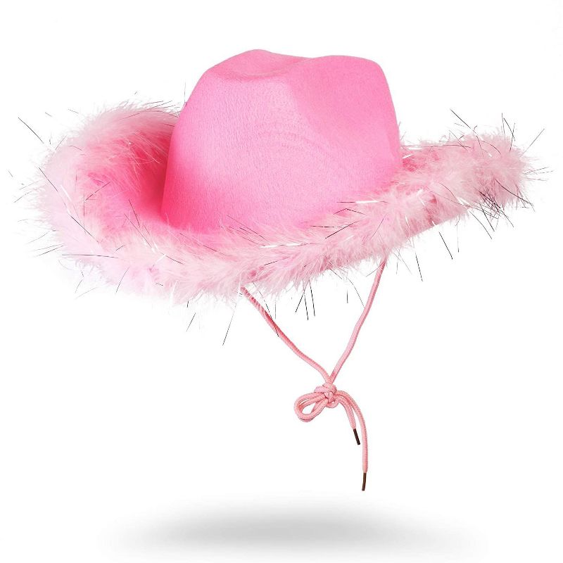 Juvolicious Western Felt Cowboy Hat for Adults with Pink Feathers, Halloween Party Hat, 12 x 15 x 4.5 in