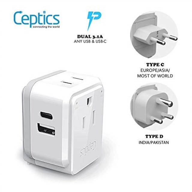 india, maldives travel plug adapter set by ceptics, safe dual usb & usbc 3.1a  2 usa socket  compact & powerful  use in pakistan, nepal, bangladesh  includes type d, type c swadapt attachments