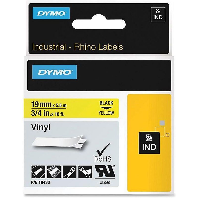 Dymo Vinyl Labels 3/4"x18ft Black/Yellow 18433