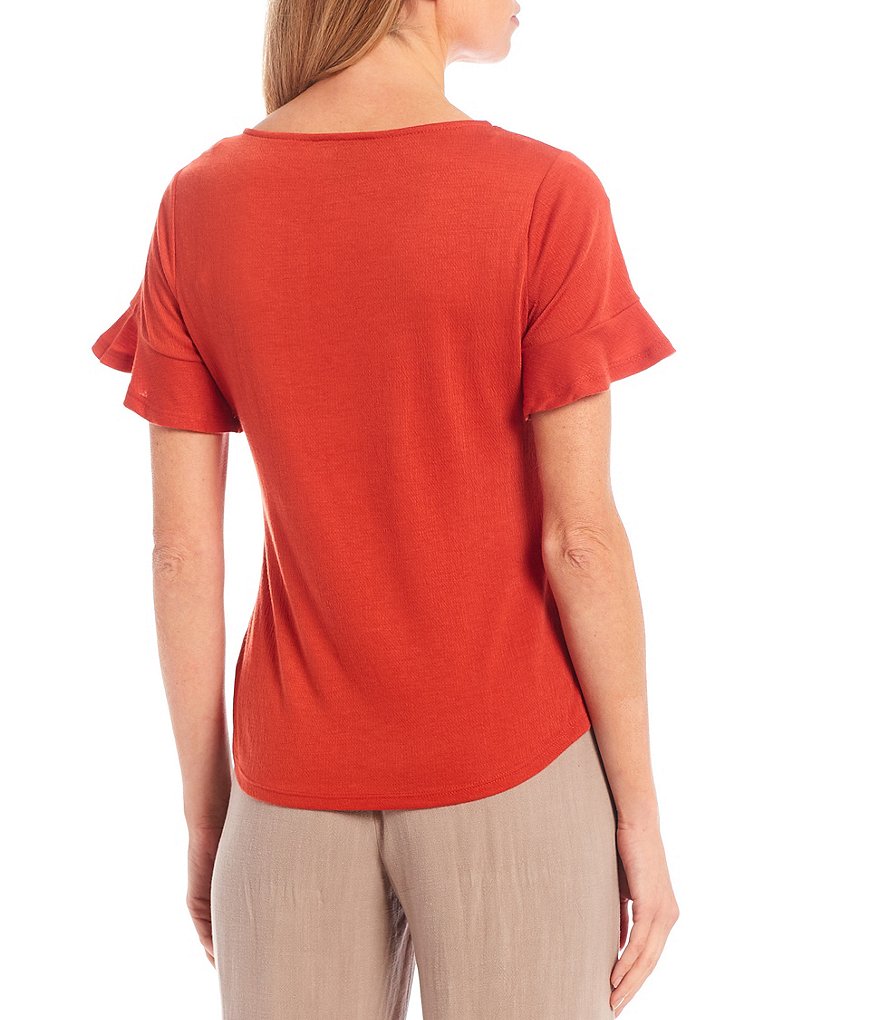 I.N. Studio Petite Size Solid Pucker Knit Ring Neckline Detail Short Flounce Sleeve Top