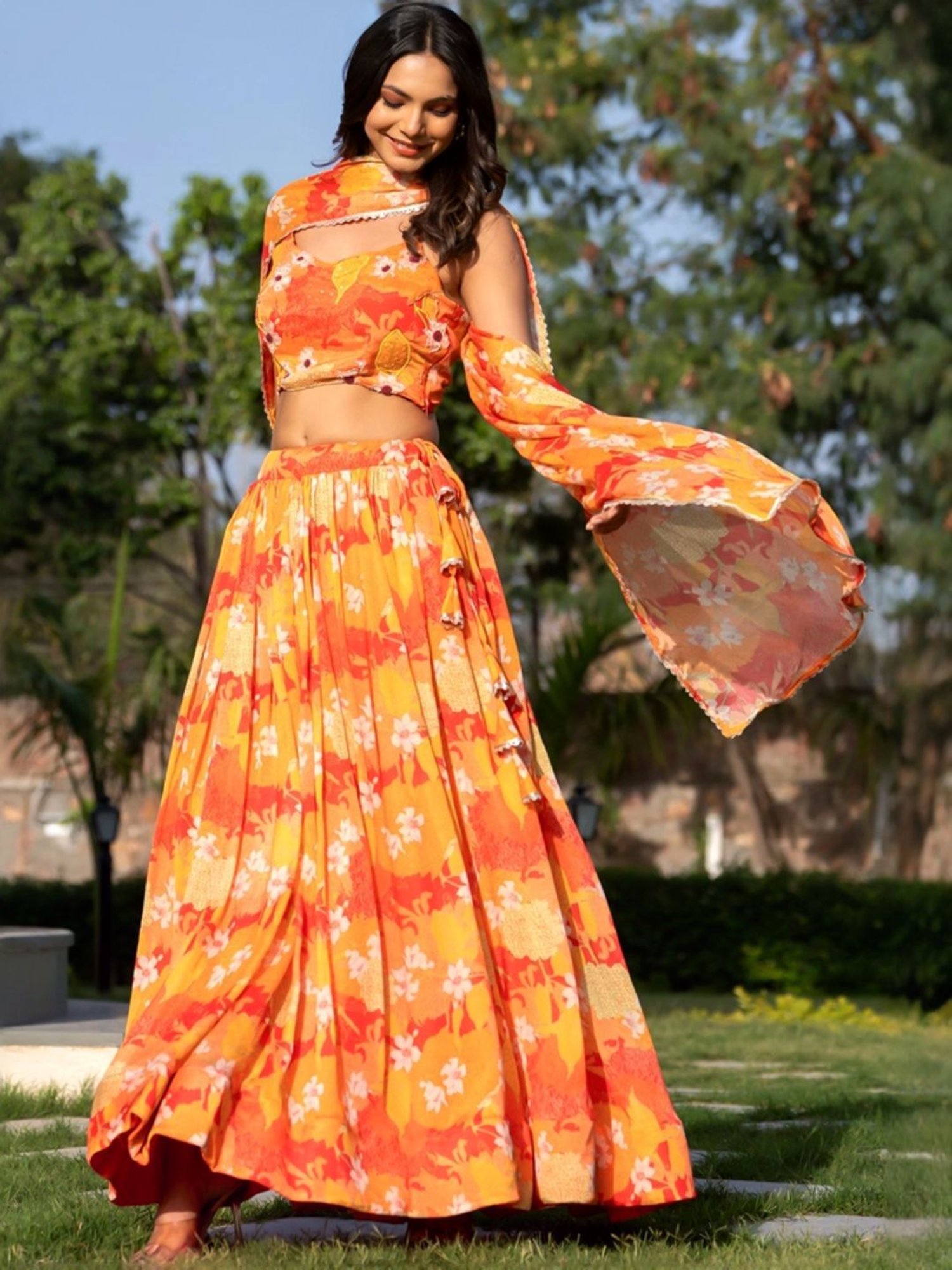 HOUSE OF JAMOTI Orange & Yellow Printed Lehenga Choli Set With Dupatta