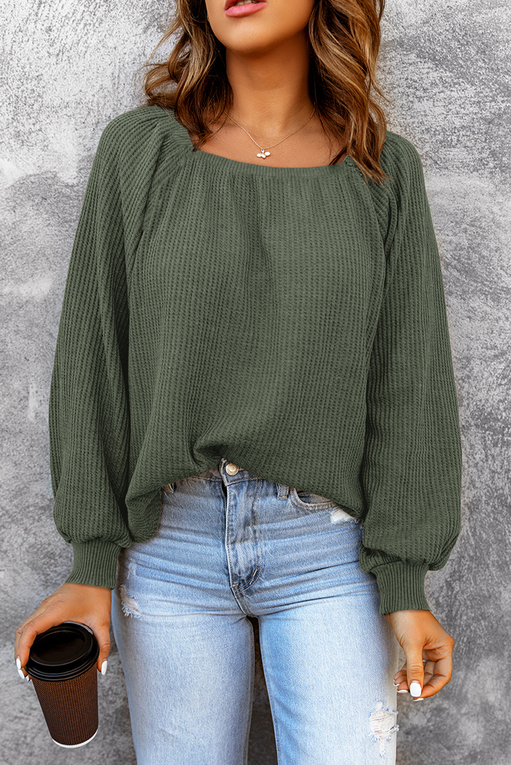 Green Plain Waffle Knit Bishop Sleeve Square Neck Top
