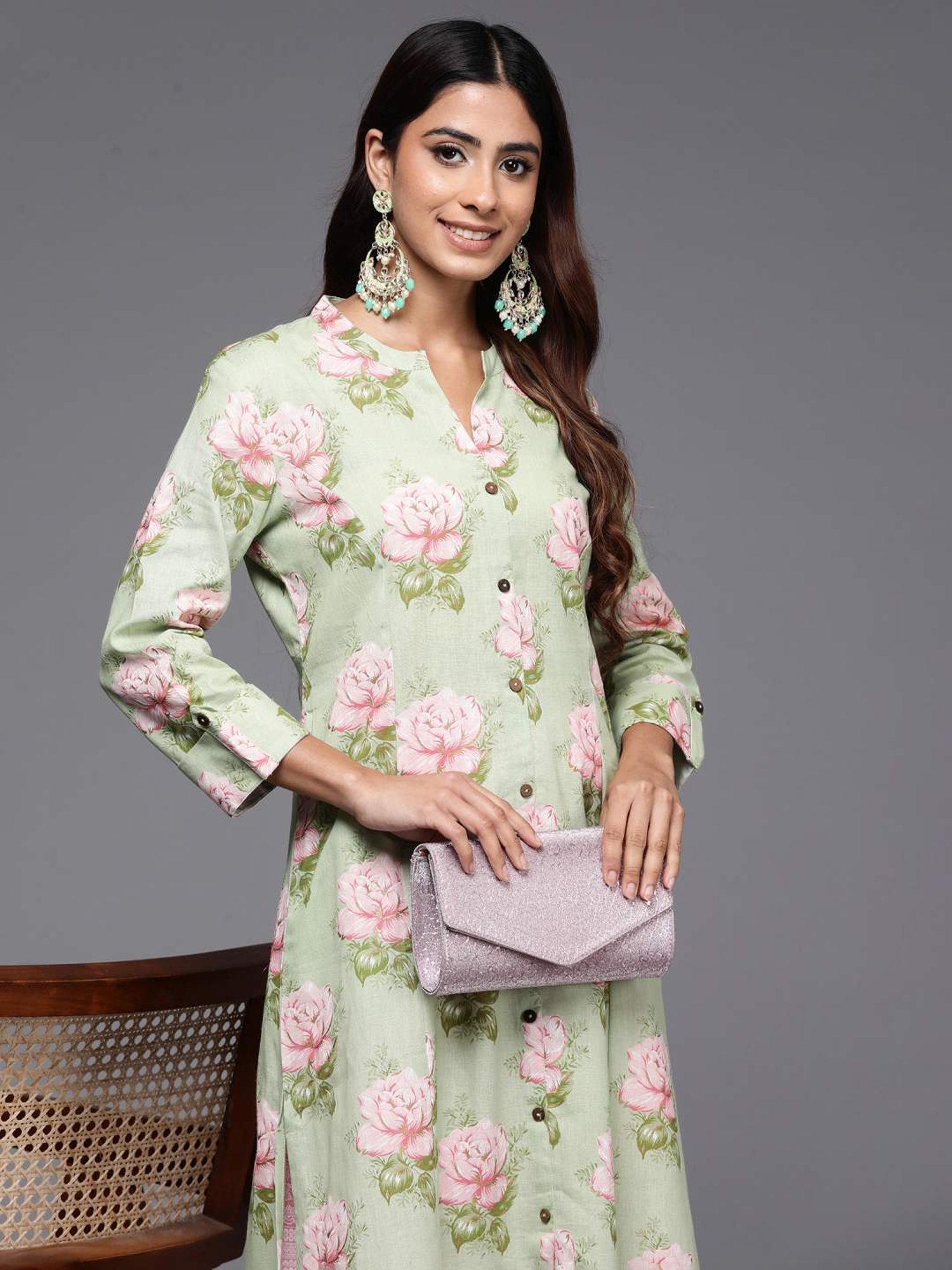Indo Era Green Cotton Printed A Line Kurta