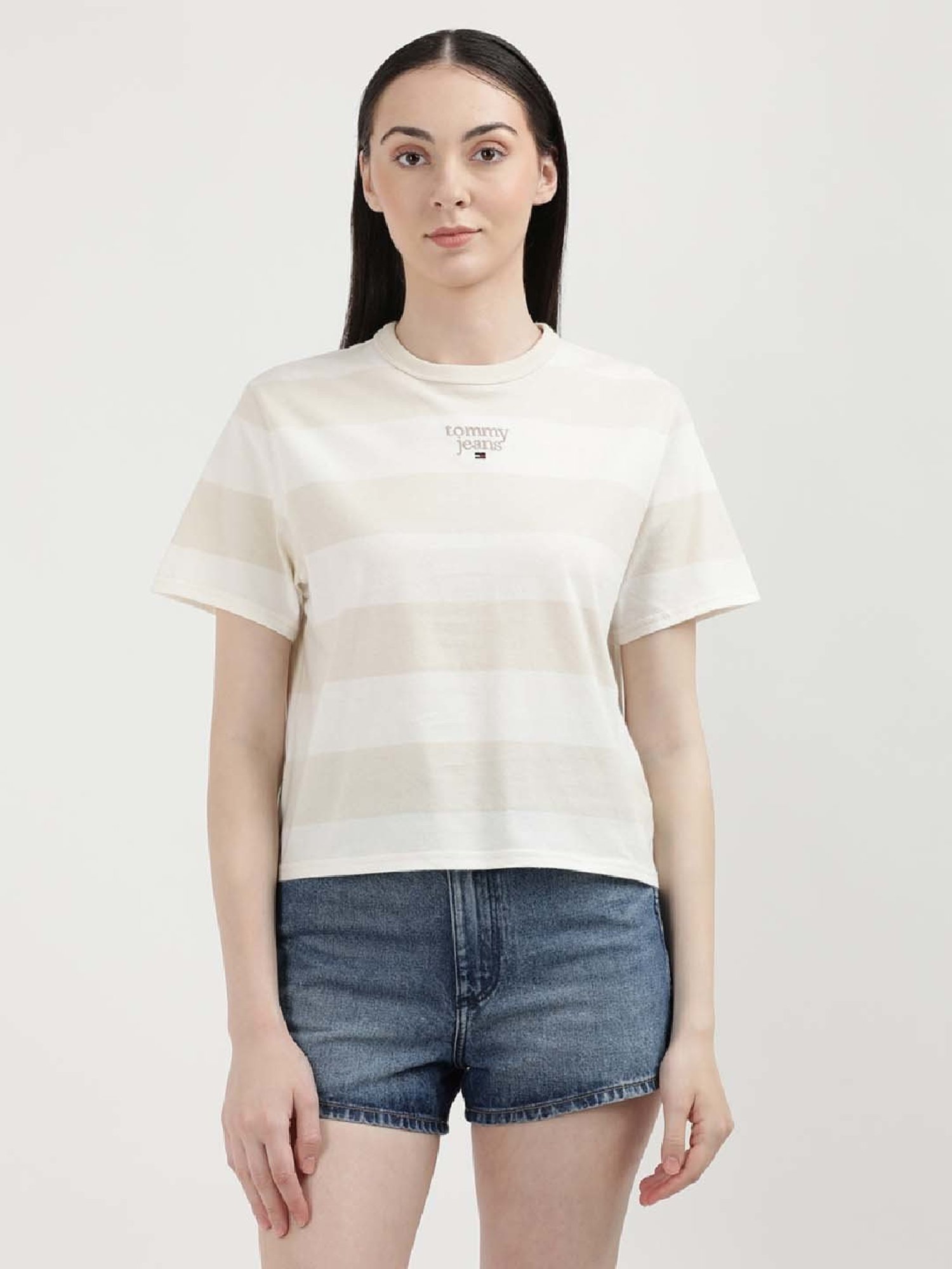 TOMMY HILFIGER Beige & White Cotton Color-Block T-Shirt