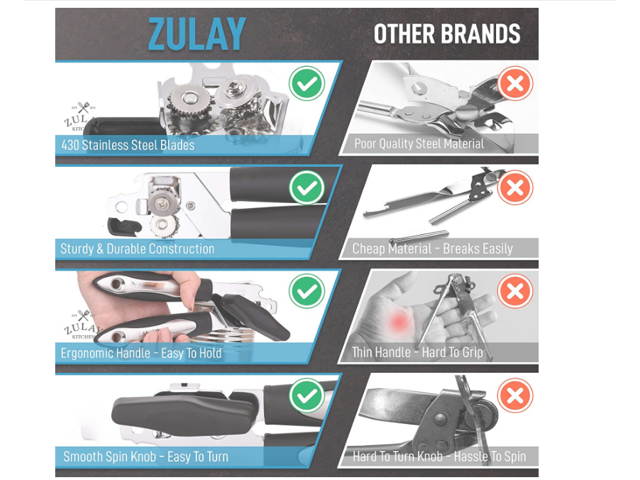 Zulay Can Opener With Stainless Steel Blades - Ergonomic Grip Soft Edge Manual Can Opener - Smooth To Operate Hand Can Opener With Large Turn Knob