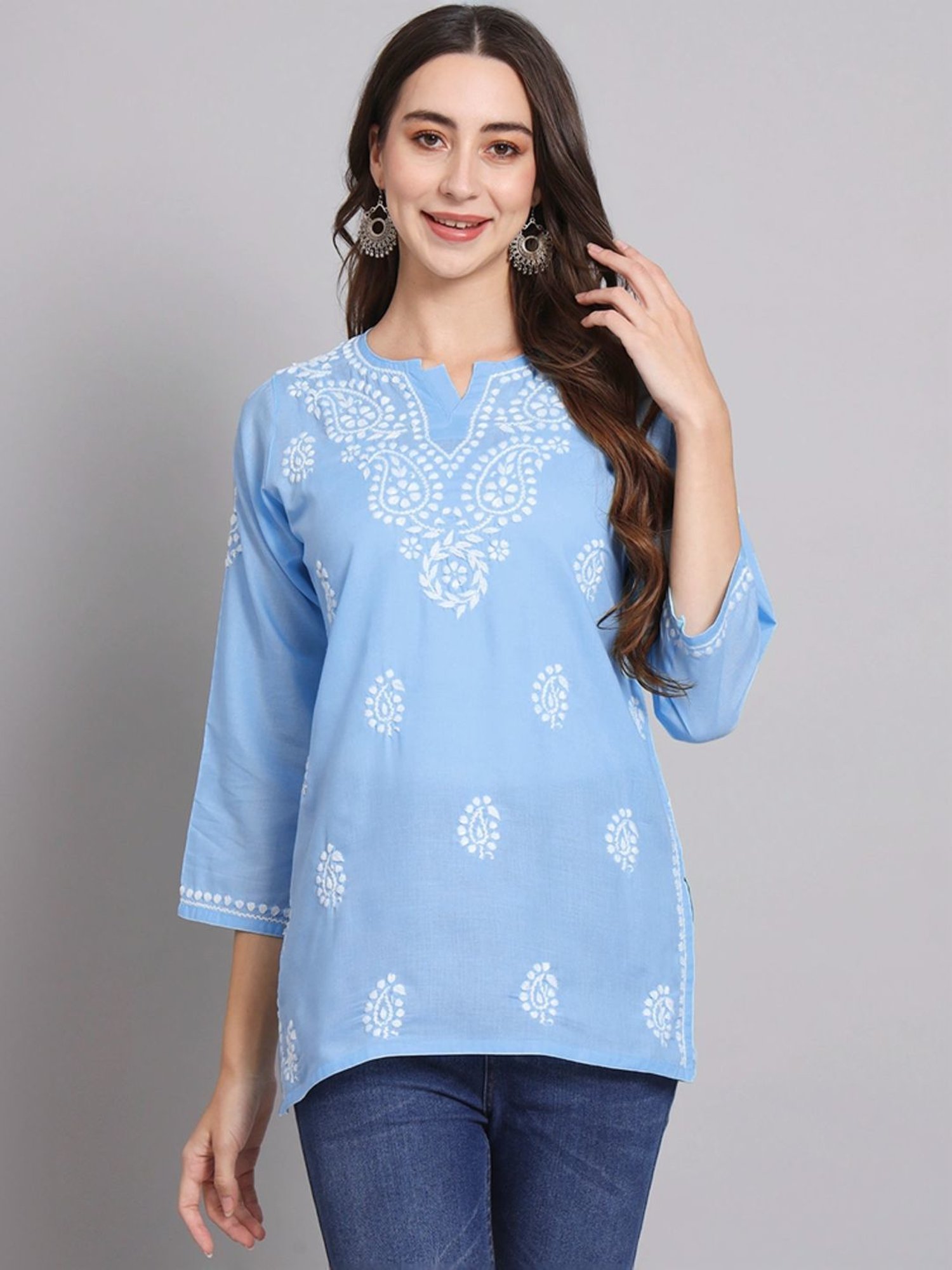PARAMOUNT CHIKAN Sky Blue Cotton Hand Embroidered Chikankari Straight Kurti