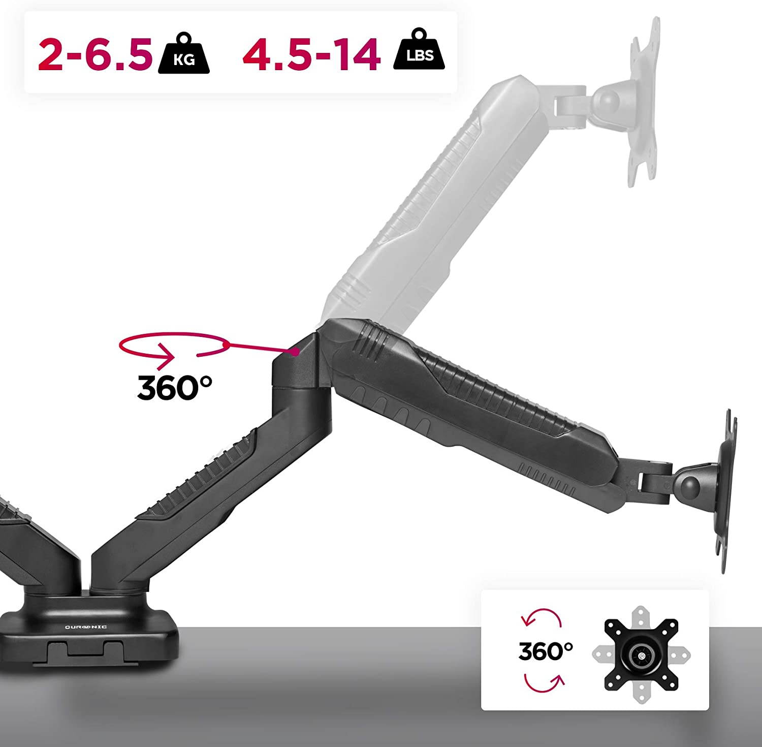 Duronic DMDC52 DualGas Desk Mount Arm Monitor Stand Bracket Powered Full Motion | LCD LED VESA Monitors | Desk Bracket with Tilt and Swivel (Tilt +90&deg;/-45&deg;|Swivel 180&deg;|Rotate 360&deg;)