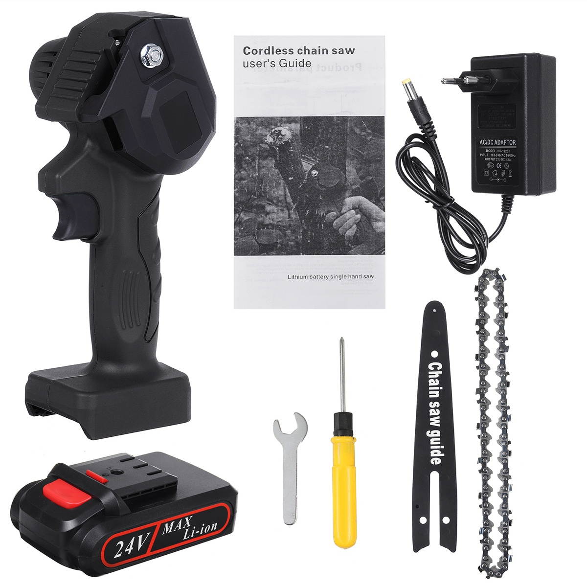 Doersupp 24V 6 Inch Cordless Electric Chain Saw Wood Cutter 550W One-Hand Saws Woodworking Machine W/ 1pc Battery-US Plug/Black