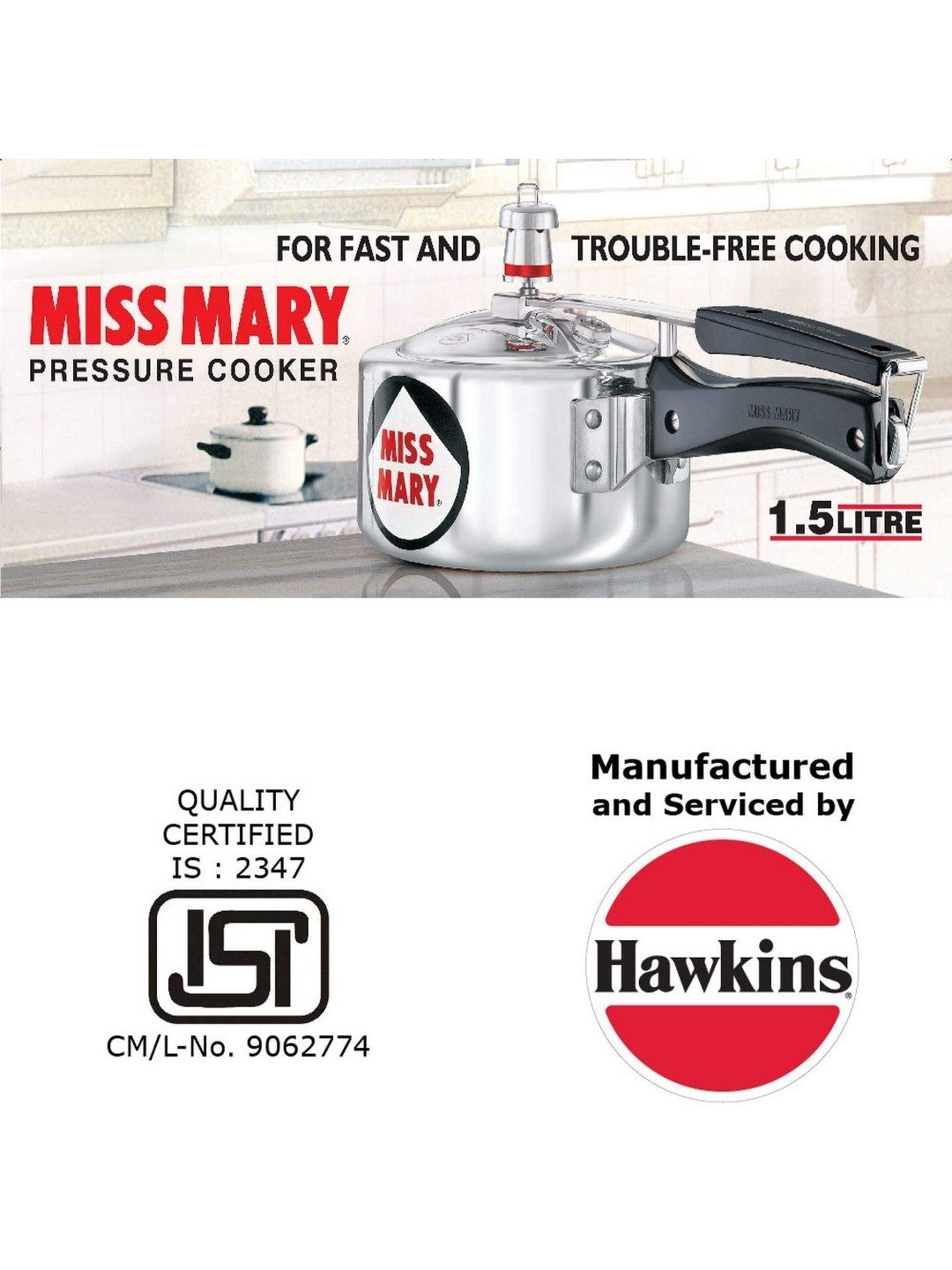 Hawkins Miss Mary Silver Aluminium Pressure Cooker 1.5 L