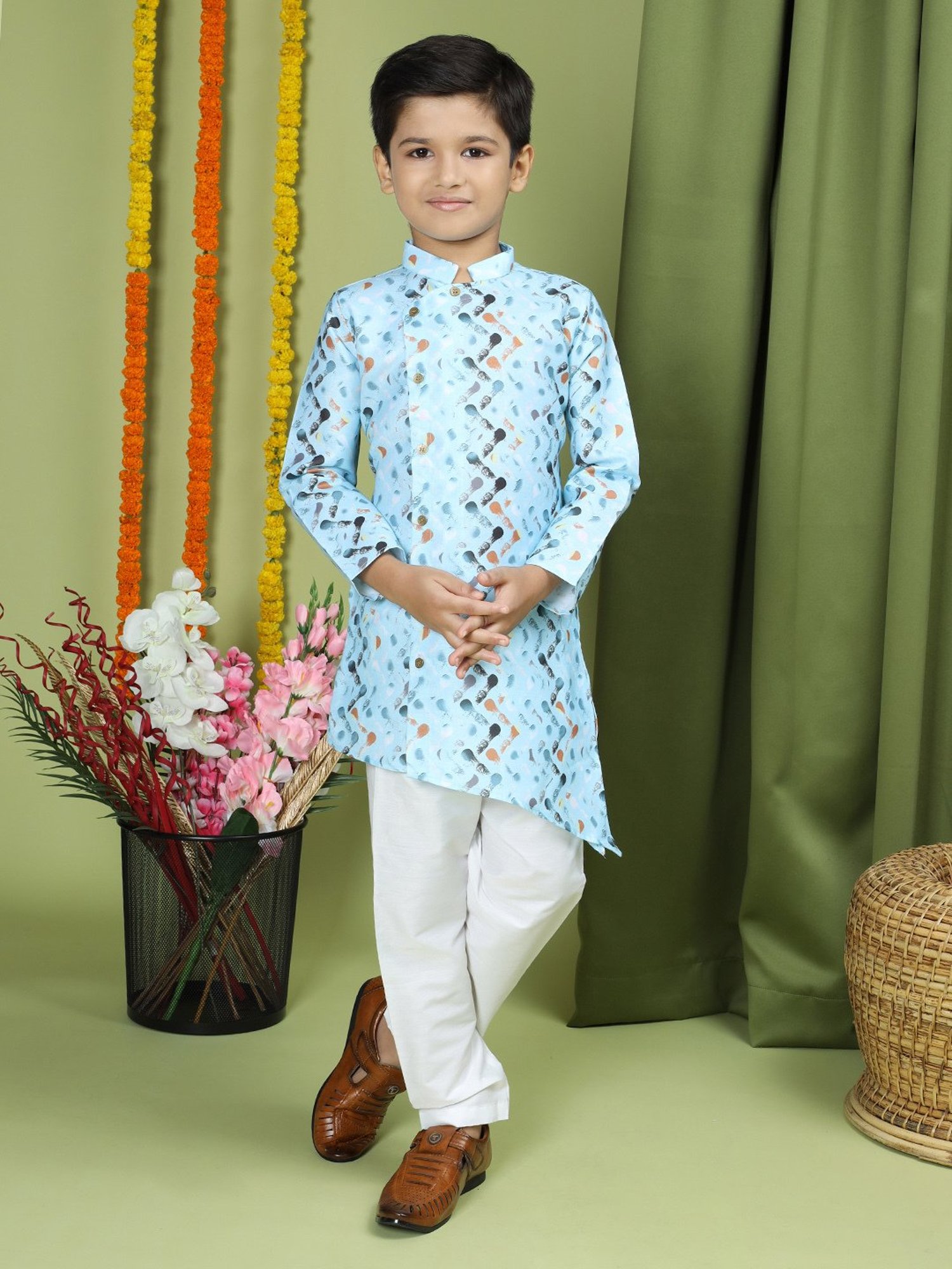 TABARD Kids Sky Blue Printed Full Sleeves Kurta