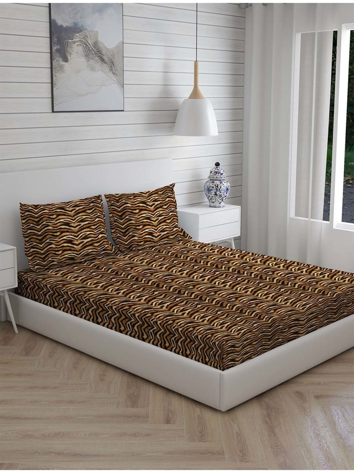 Boutique Living Untamed Brown Cotton 270 TC King Size Bed Sheet with Pillow Cover