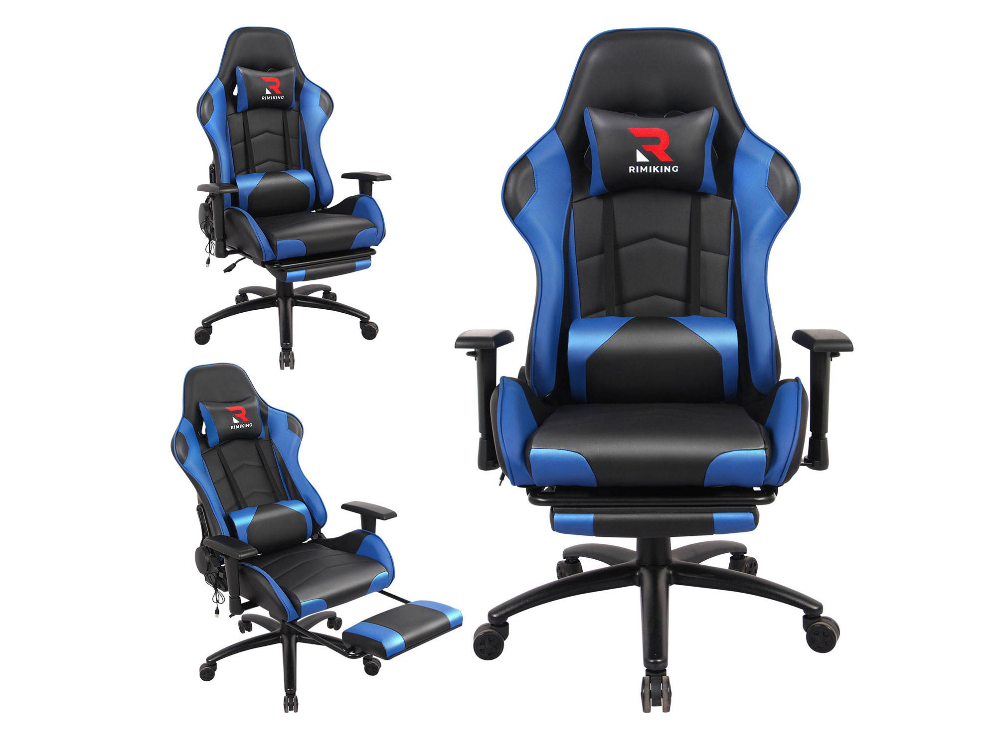 RIMIKINGMassage Gaming Chair with Retractable Footrest-Adjustable Lumbar Cushion Computer Office Racing Chair Headrest Swivel Rocking Desk Chair Ergonomic