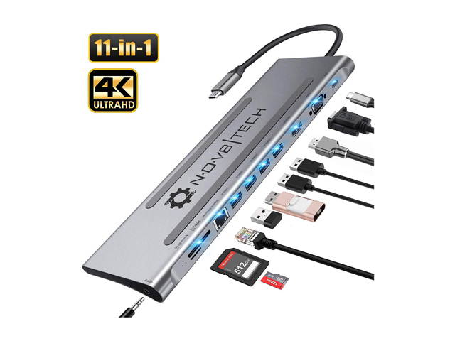 NOV8Tech USB C Docking Station Hub Type C Adapter Dock for MacBook & All USB C Devices 11-in-1 Dual Screen 4K HDMI & VGA, USB C 100W Power Delivery, RJ45 Ethernet, 3.5mm Audio, SD/Micro SD, 4x USB 3.0