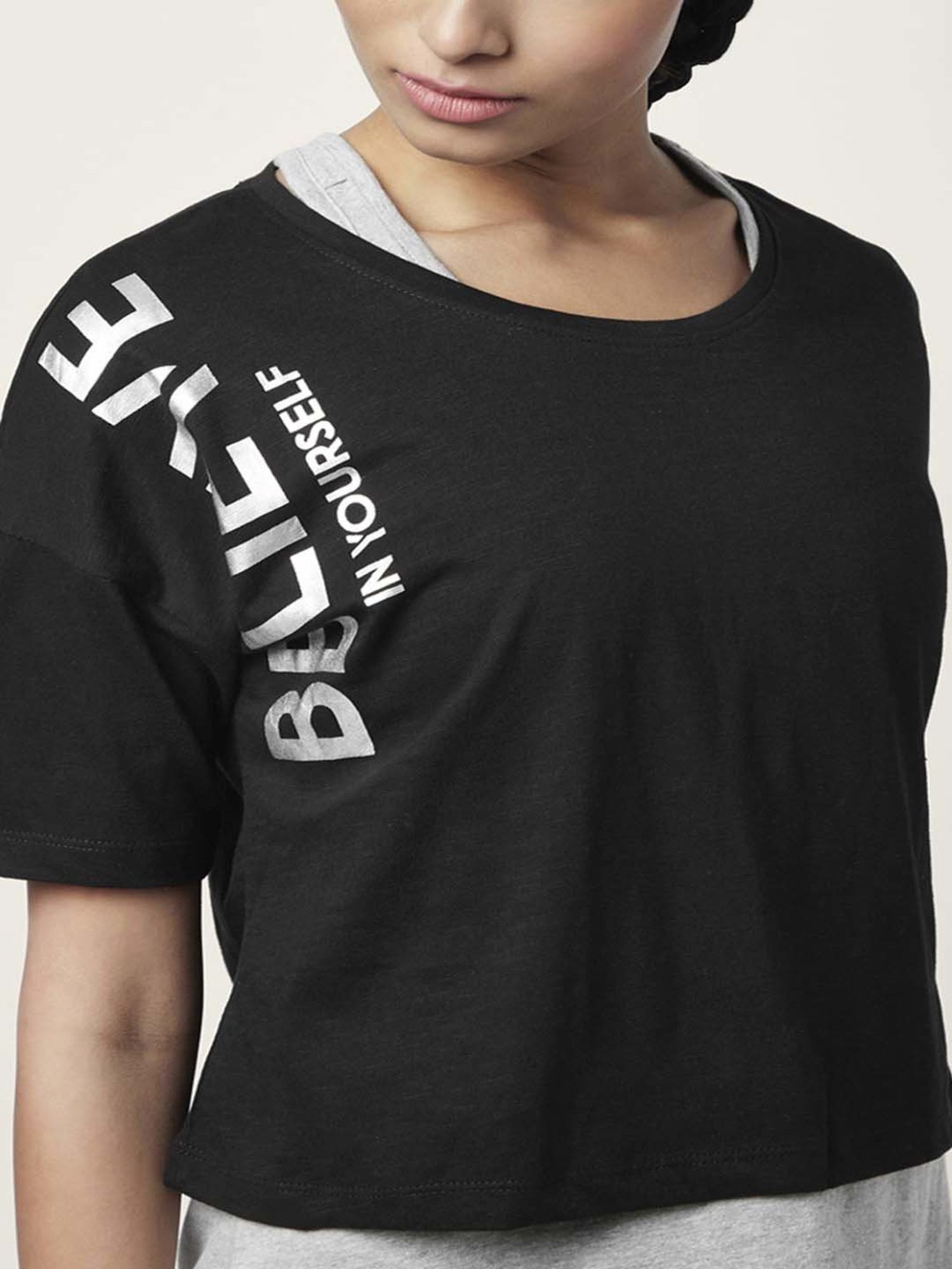 Ajile by Pantaloons Black & Grey Cotton Graphic Print Sports Top With Tank Top