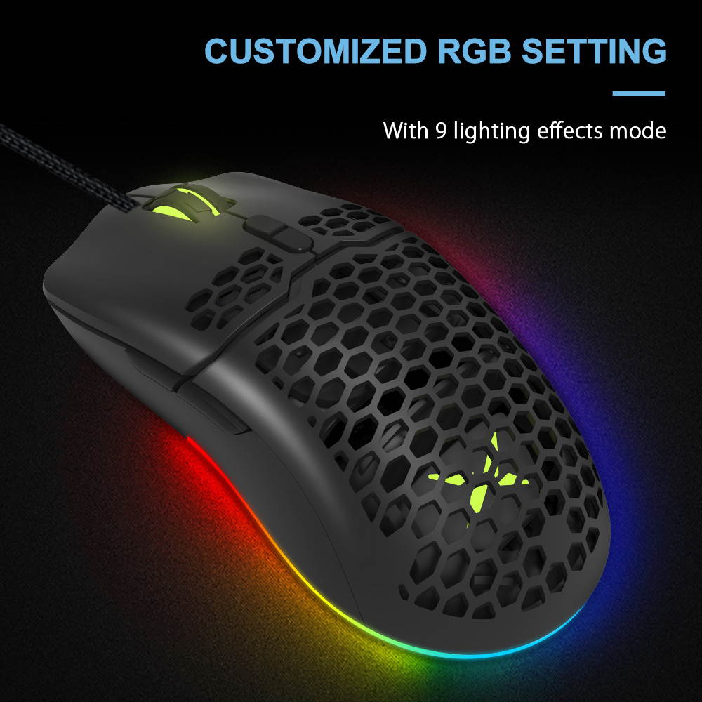 DELUX Lightweight Gaming Mouse(2.36g/67g) with Lightweight Honeycomb Shell Design, Ultralight Ultraweave Cable and 7 Programmable Buttons, 16000 DPI RGB Optical Mice (M700BU(3389)-Black)