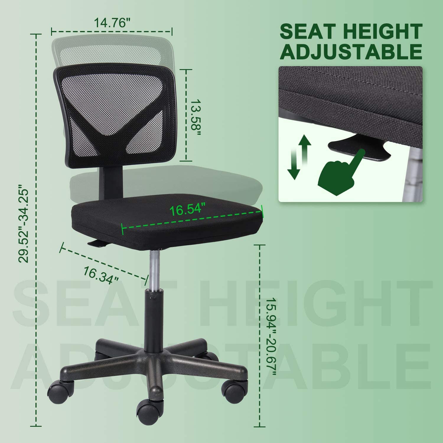 Office Mesh Chair without Armrests, Black Swiveling Task Chair, Computer Desk Chair for Home and Office Use, 19.29" (L) x 7.28" (W) x 18.70" (H), Black