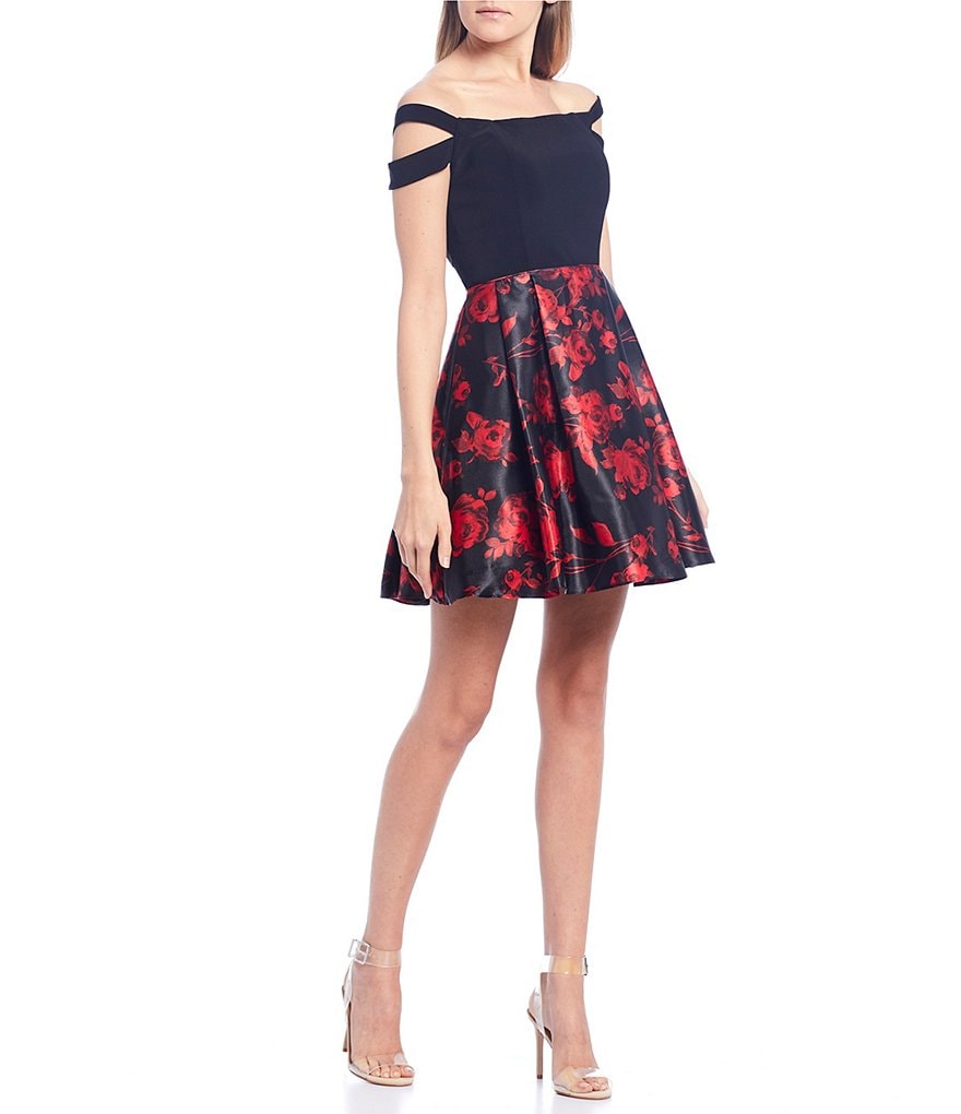 Blondie Nites Off-the-Shoulder Double Strap Floral Print Skirt Fit-and-Flare Dress
