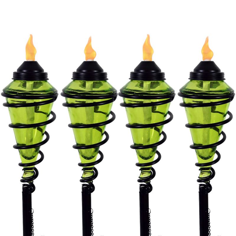 Sunnydaze Outdoor Adjustable Height Glass and Metal Swirl Patio and Lawn Citronella Torch Set - Green - 4pk