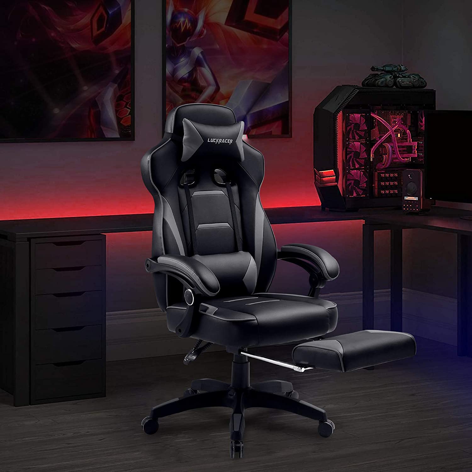 Gaming Chair with Footrest Office Desk Chair Ergonomic Gaming Chair Pu Leather High Back Adjustable Swivel Lumbar Support Racing Style Esports Gamer Chairs Gray