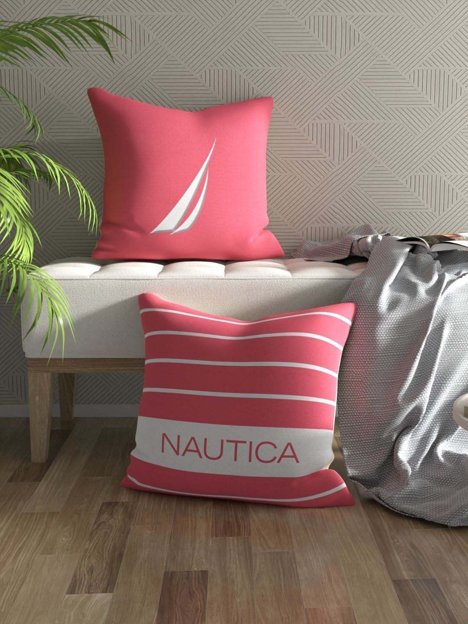 Nautica Logo Stripe Coral Microfibre 300 GSM Premium Cushion Covers - Set of 2
