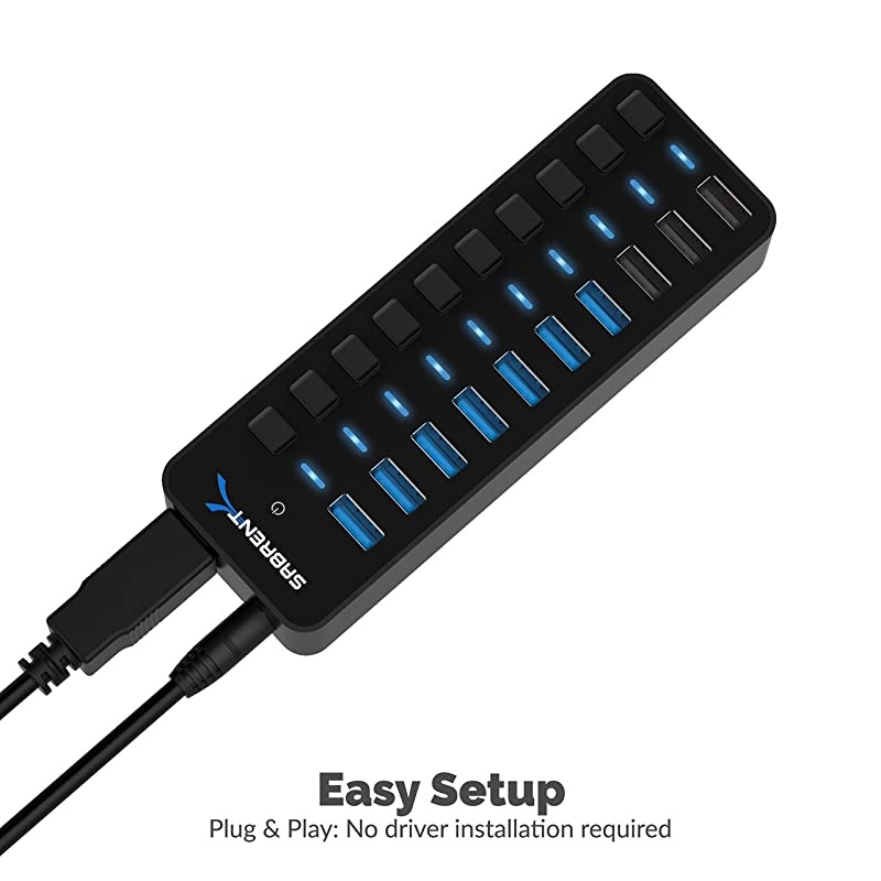 60W 10-Port USB 3.0 Hub Includes 3 Smart Charging Ports with Individual Power Switches and LEDs + 60W 12V/5A Power Adapter (HB-B7C3)