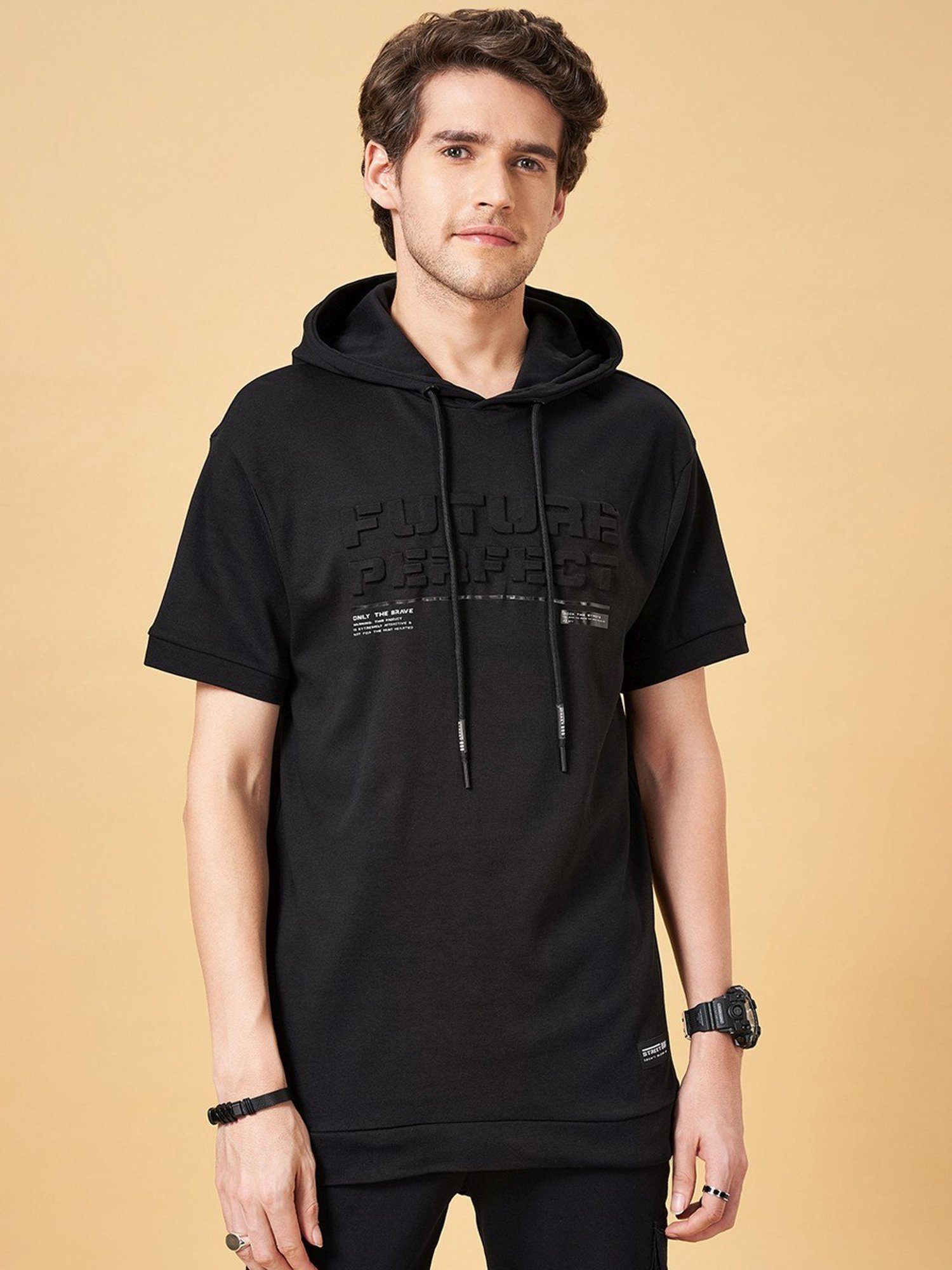 Street 808 by Pantaloons Black Cotton Boxy Fit Printed Hooded T-Shirt
