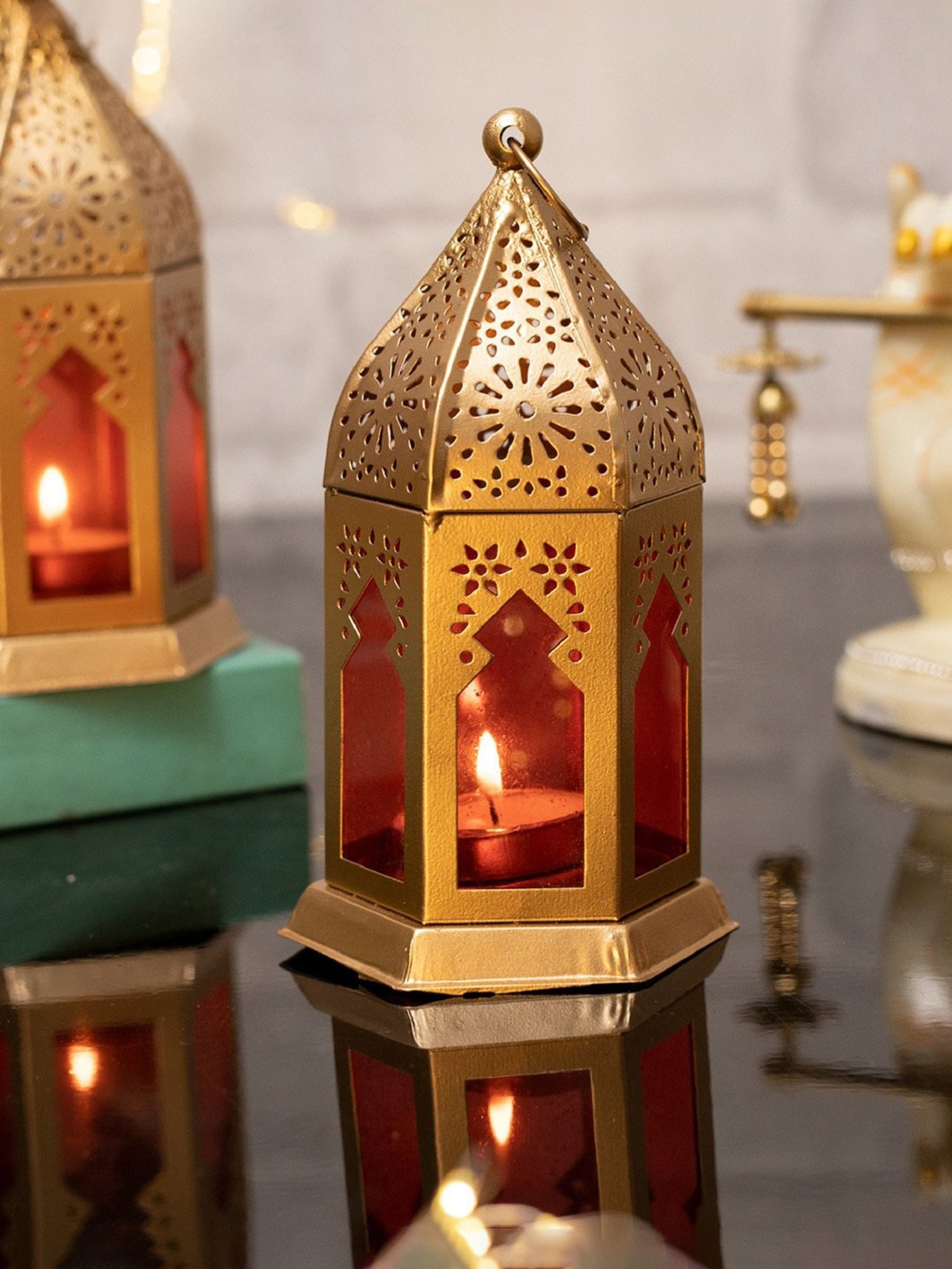 Homesake Antique Red Metal Moroccan Lantern Candle Holder - Set of 2