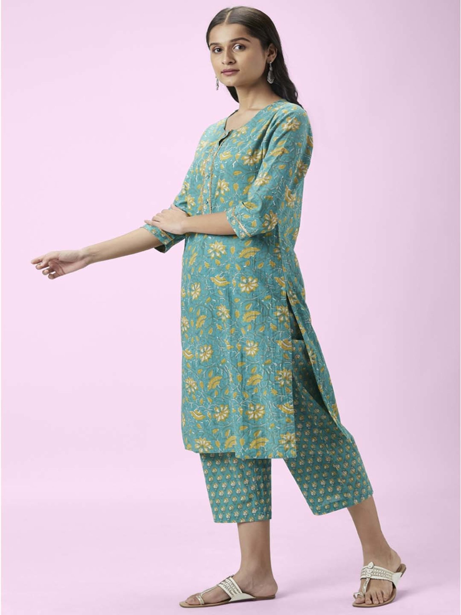 Rangmanch by Pantaloons Turquoise Cotton Floral Print Kurta Palazzo Set