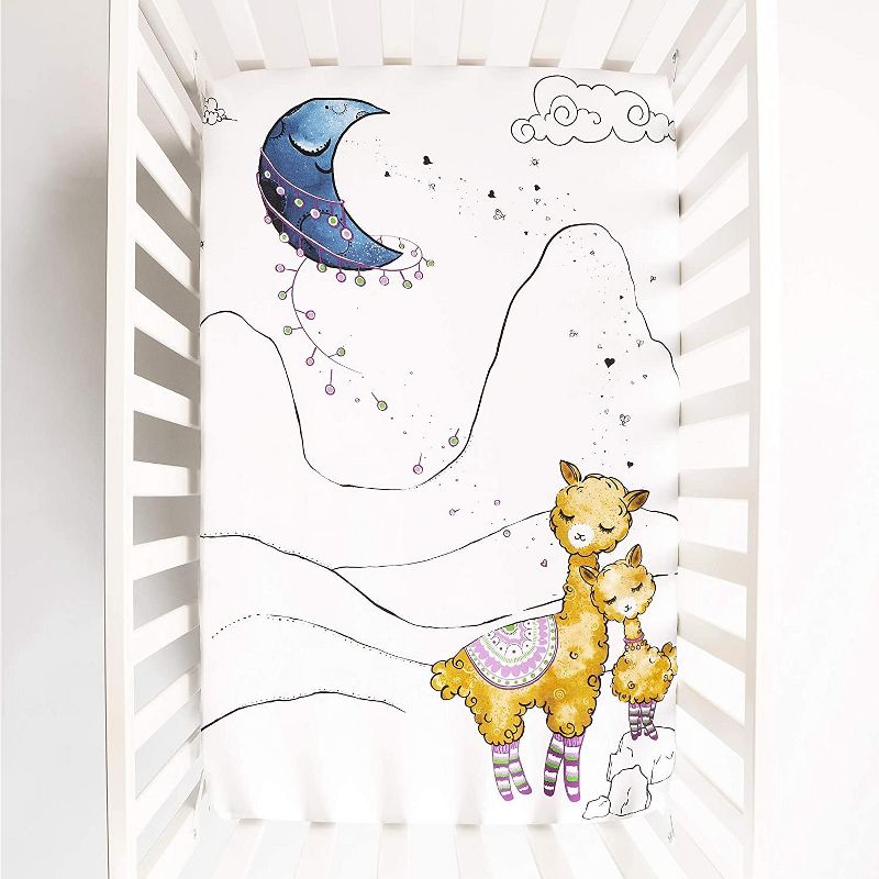 JumpOff Jo Fitted Mini Crib Sheet, Cotton Crib Sheet for Miniature Sized Crib Mattresses, Hypoallergenic and Breathable, 24" x 38", Llama and Mama