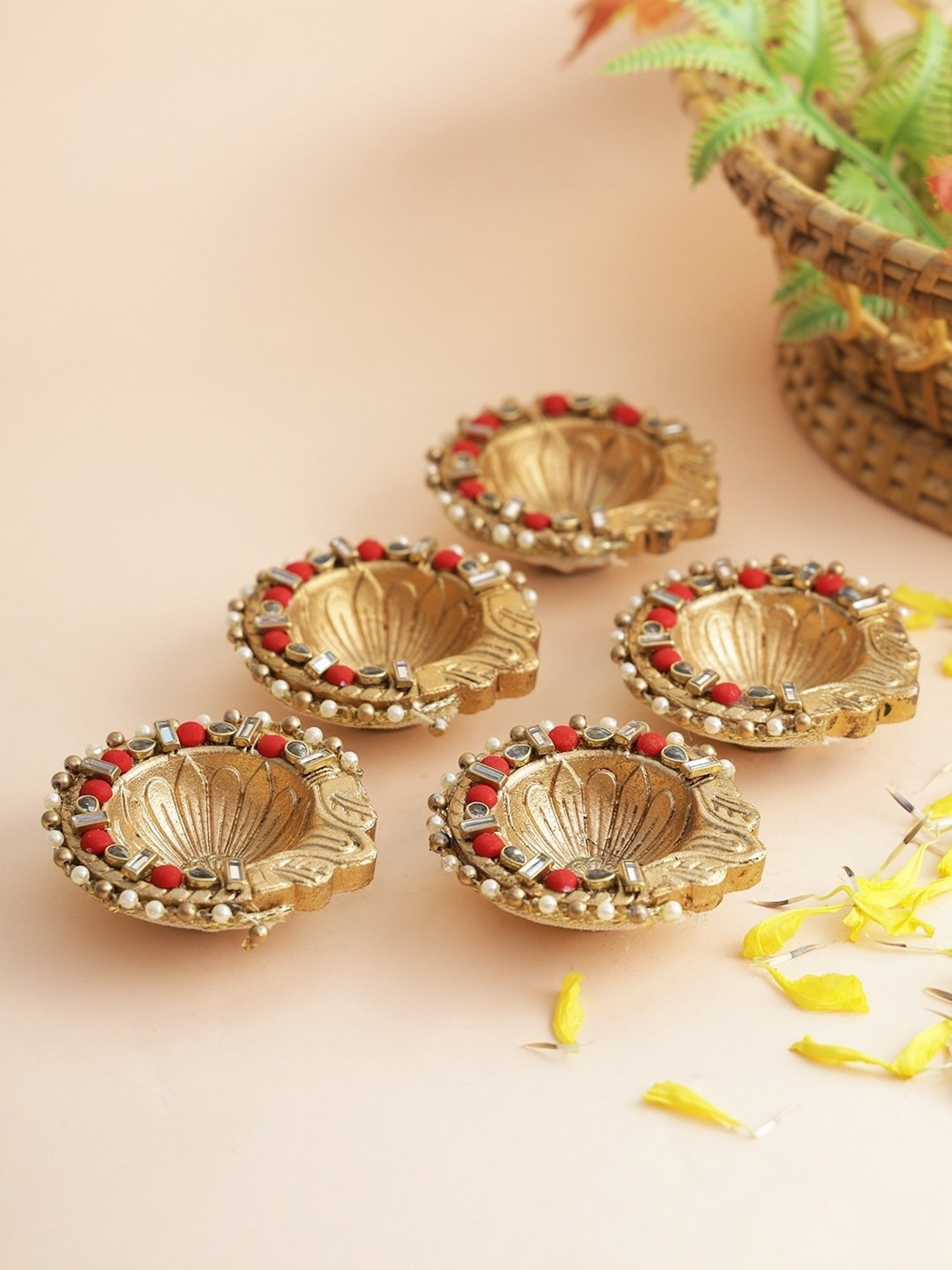 Aapno Rajasthan Solid Golden Terracotta Diya - Set of 5