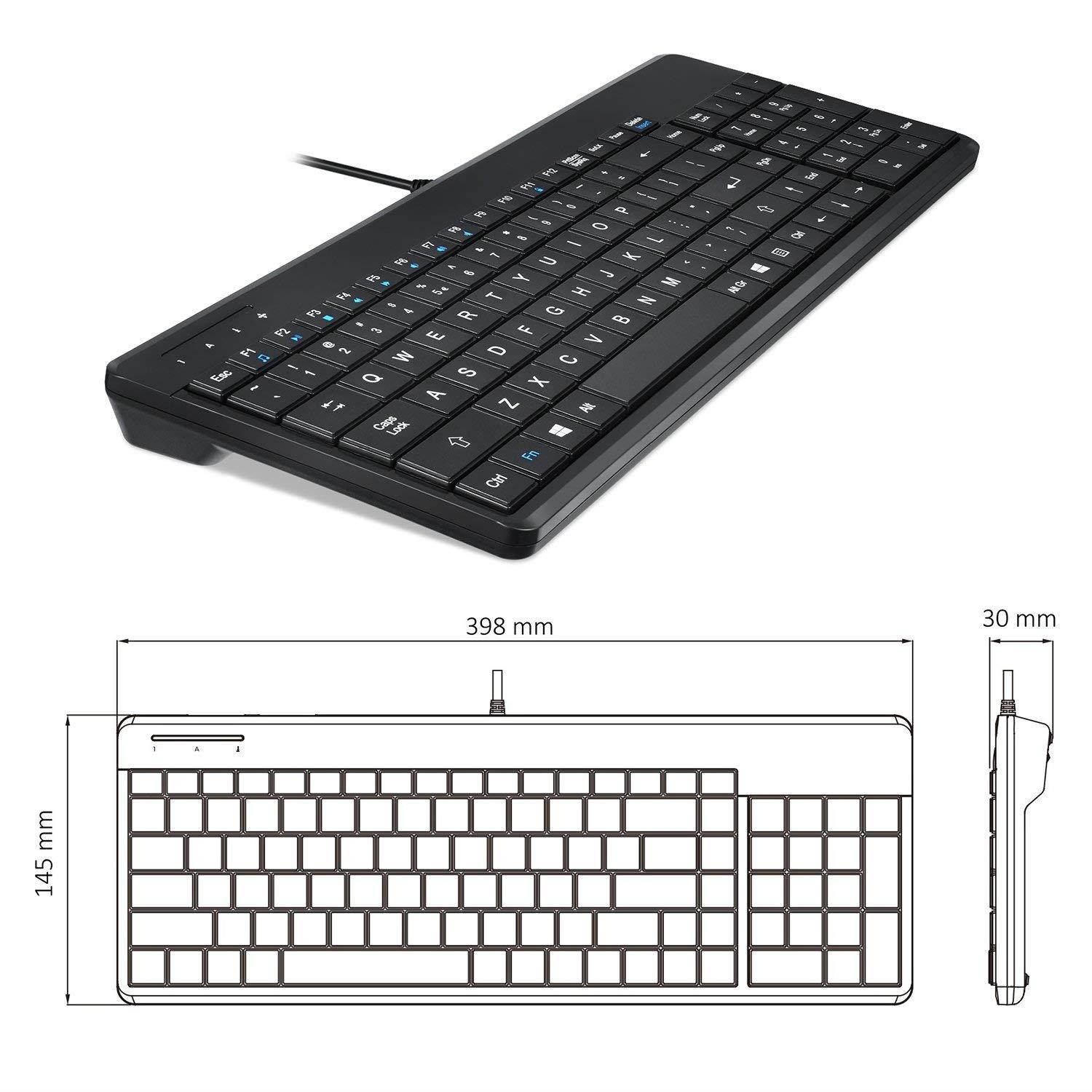 Perixx PERIBOARD-220 Wired Keyboard with USB Hub - Compact 398x145x30 mm - 2 USB Hubs - US English Layout (11506)