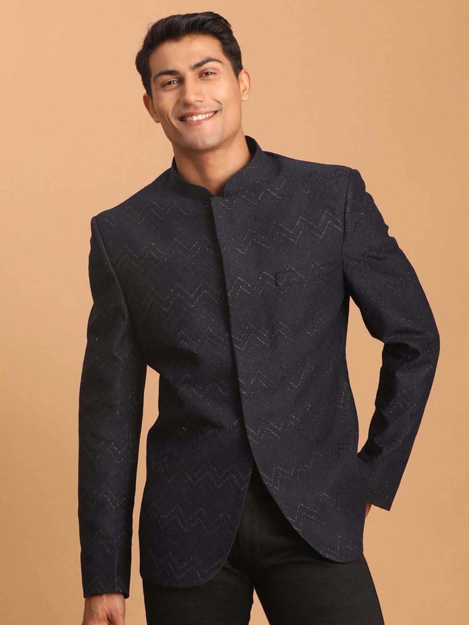 Vastramay Navy Regular Fit Embellished Ethnic Blazer