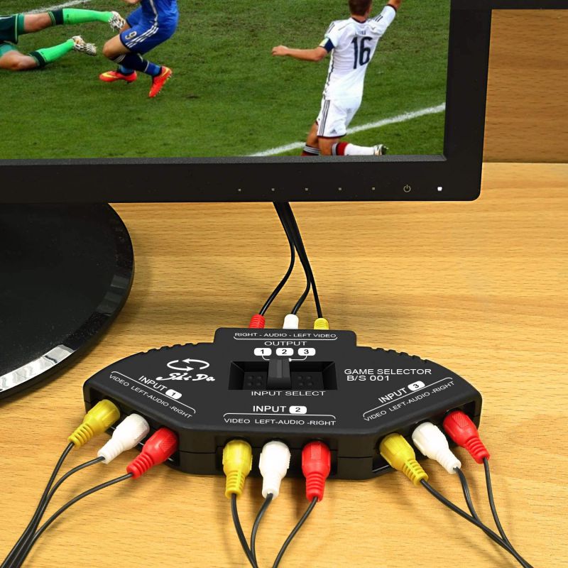 RCA Splitter with 3-Input and 1-Output, Audio and Video RCA Switch Box with Cable for Connecting 3 RCA Signal Devices to 1 Monitor